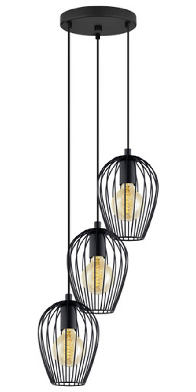 Black three light pendant with metal cage-like design