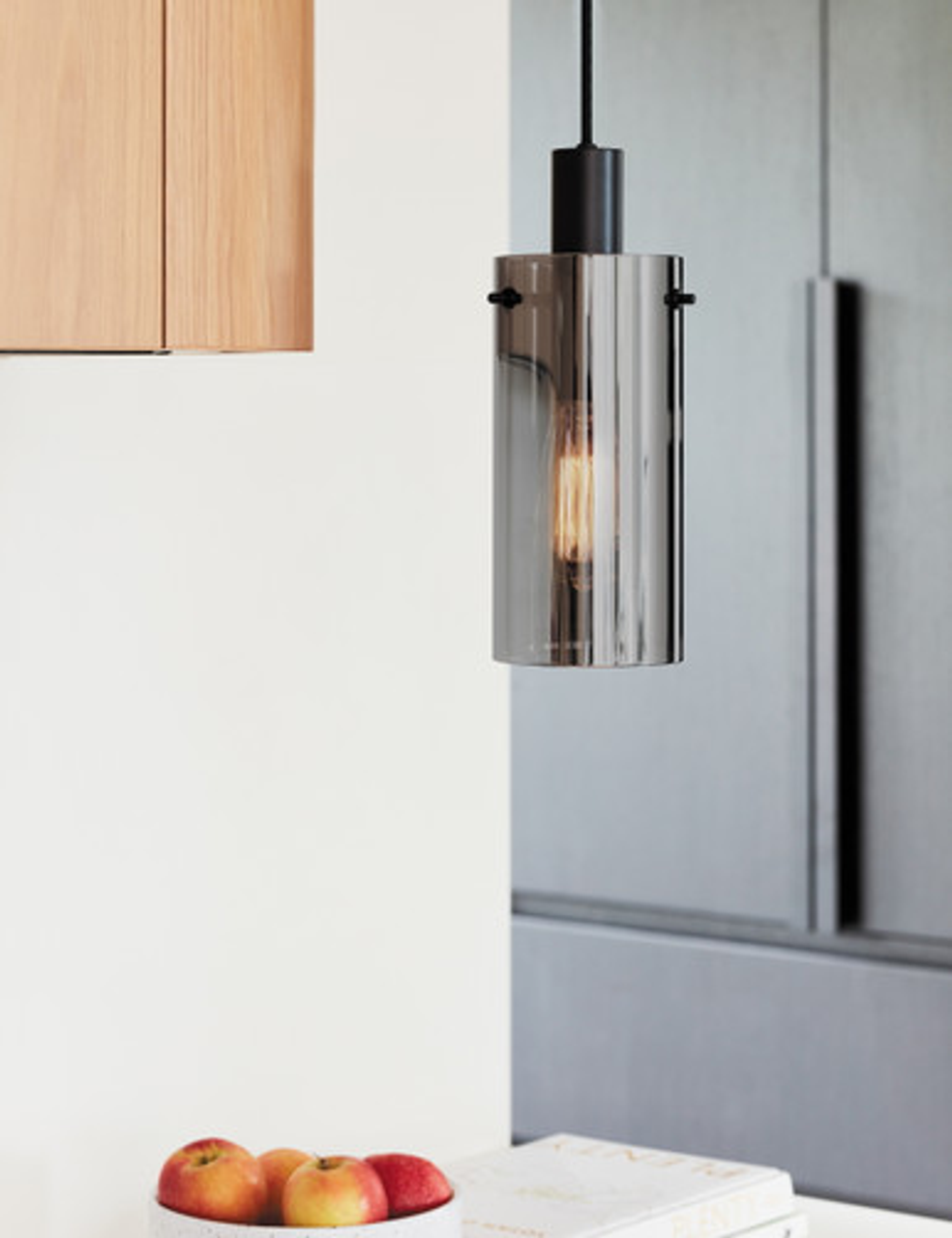 Black pendant with smoke cylinder glass and black suspension