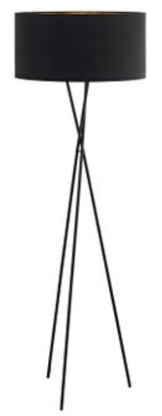 Black tripod floor lamp with black shade
