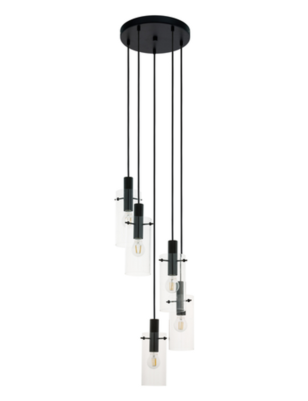 Black five light pendant with clear cylinder glass