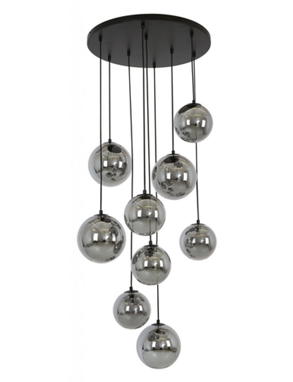Black nine light pendant with smoke glass