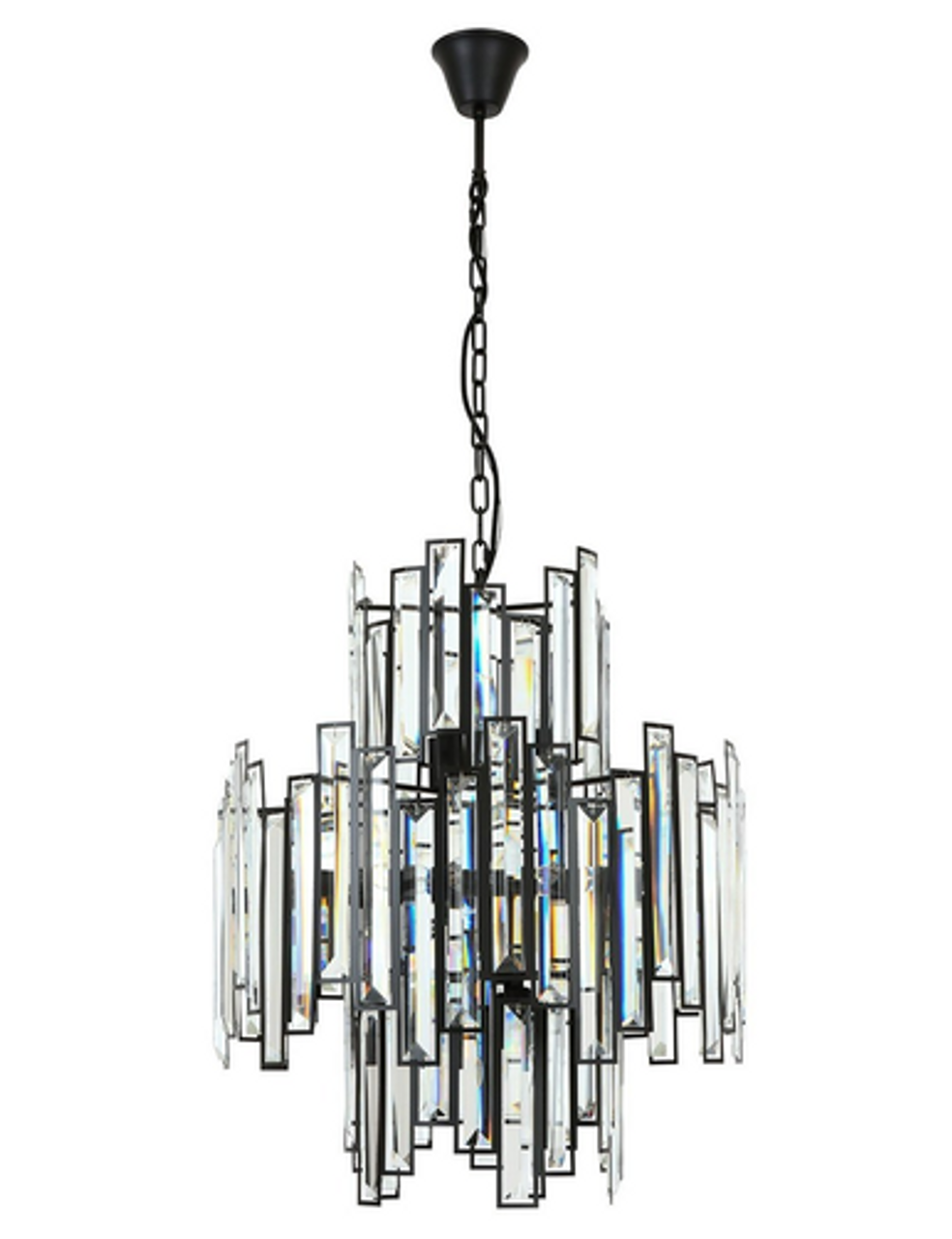 Black twelve light pendant with vertical glass panels