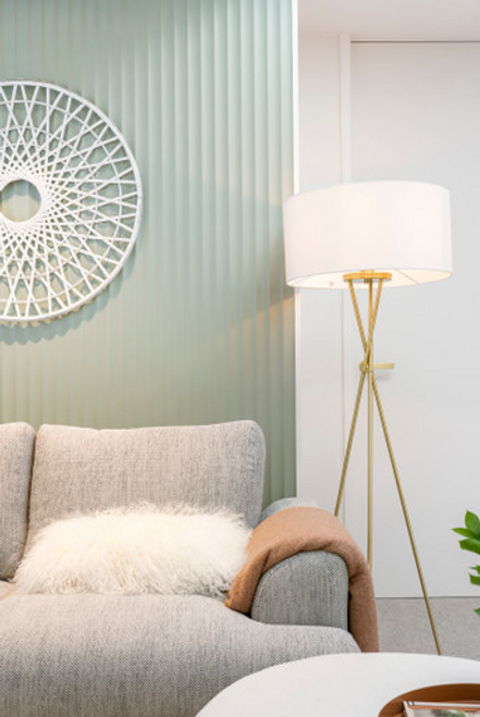 Brass tripod floor lamp with white shade Brass tripod floor lamp with white shade