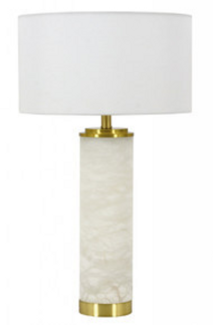 Alabaster table lamp with brass trim and white shade Alabaster table lamp with brass trim and white shade