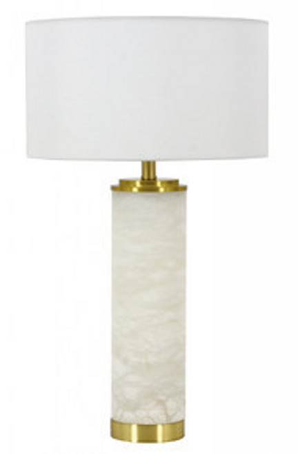 Alabaster table lamp with brass trim and white shade