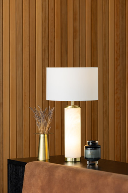 Alabaster table lamp with brass trim and white shade