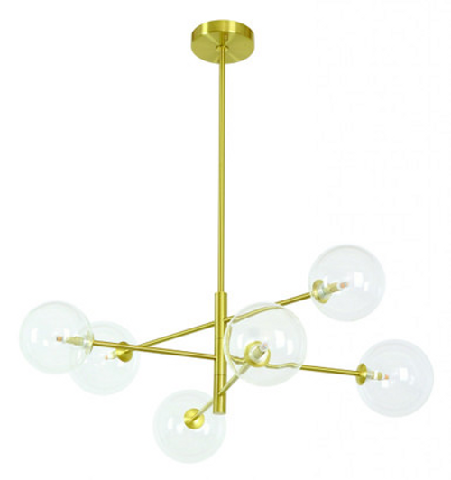 Brass six light pendant with clear glass