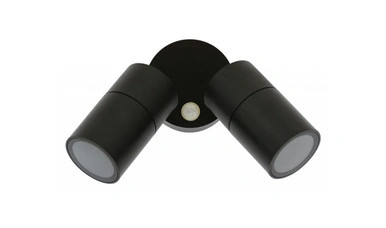 Black two-pan spotlight with sensor and IP65 rating