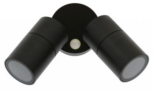 Black two-pan spotlight with sensor and IP65 rating