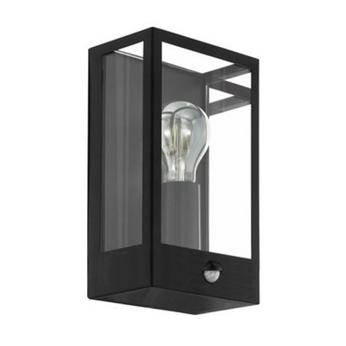 Black wall light with clear glass and sensor
