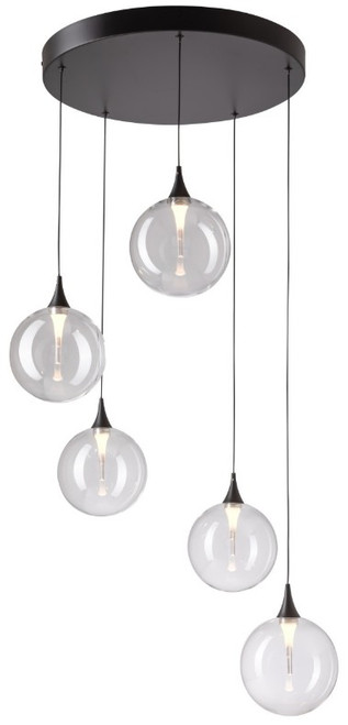 Black five light LED pendant with clear glass