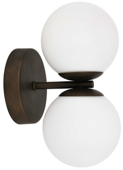 Bronze two light wall light with opal glass