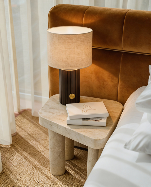 Walnut table lamp with natural Linen shade