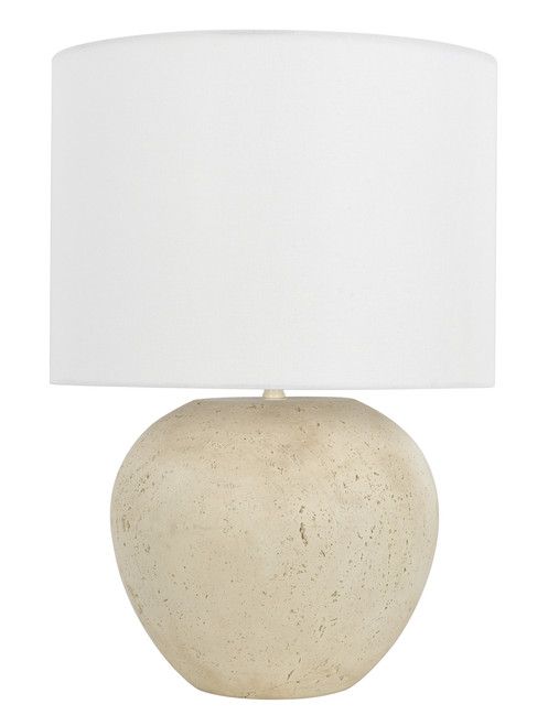 Travertine round table lamp with white shade