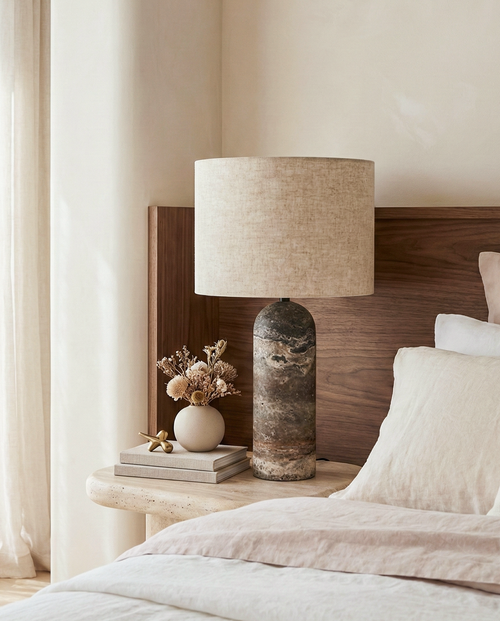 Silver travertine table lamp with natural shade