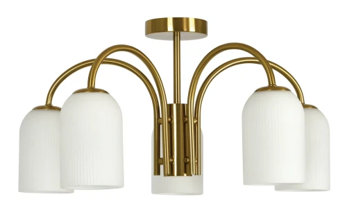 Brass five-light CTC pendant with opal ribbed glass