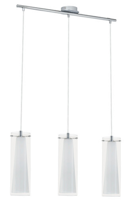 Chrome three light pendant featuring opal inner glass and clear outer glass