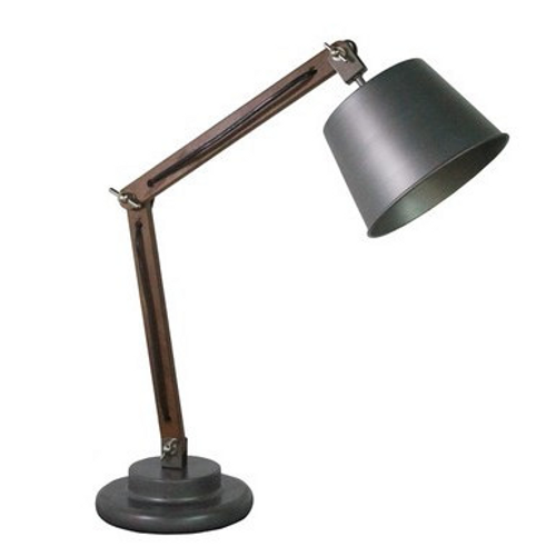 Brown wood table lamp with metal shade