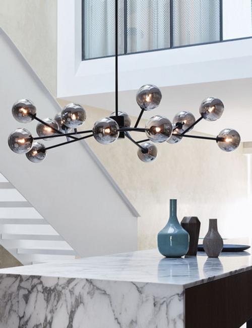 Black fifteen-light pendant with smoke glass Black fifteen-light pendant with smoke glass