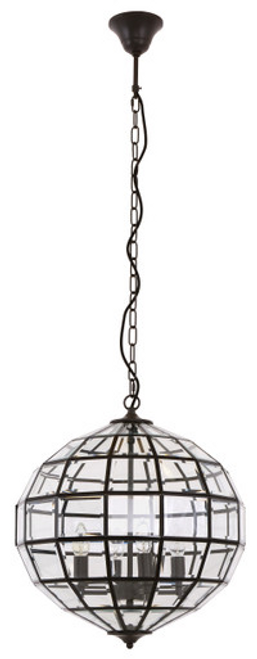 Oil rubbed bronze pendant with glass panels surrounding a candelabra