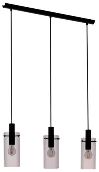 Black three light pendant with smoke cylinder glass