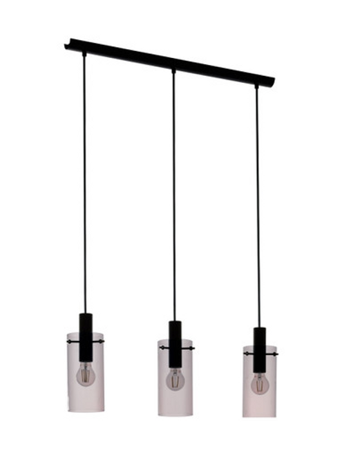 Black three light pendant with smoke cylinder glass