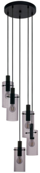 Black five light pendant with smoke cylinder glass