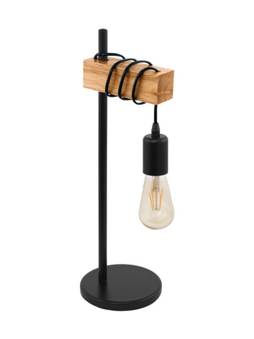 Black table lamp with oak-look wood bar