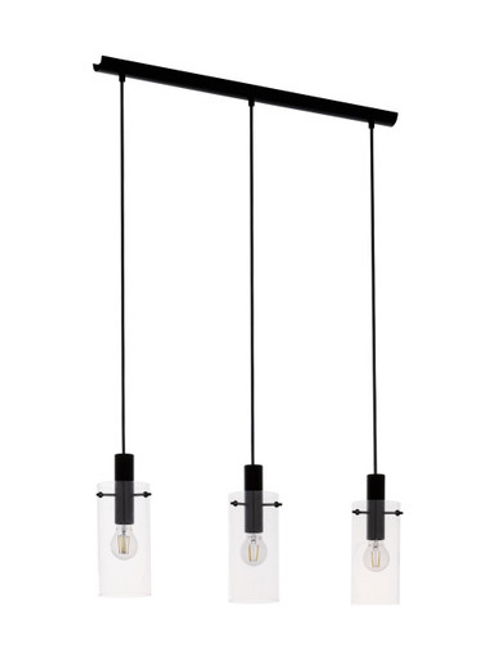 Black three light pendant with clear cylinder glass