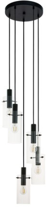 Black five light pendant with clear cylinder glass