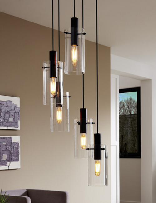 Black five light pendant with clear cylinder glass Black five light pendant with clear cylinder glass