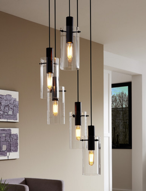 Black five light pendant with clear cylinder glass