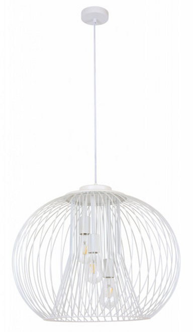 White three light cage-like pendant with white suspension