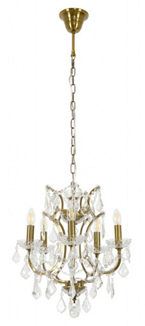 Antique brass metal finish paired with crystal glass droplets
