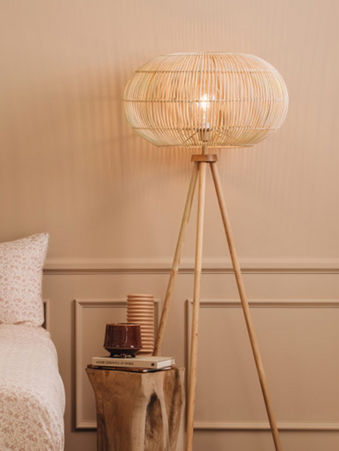 Natural rattan tripod floor lamp