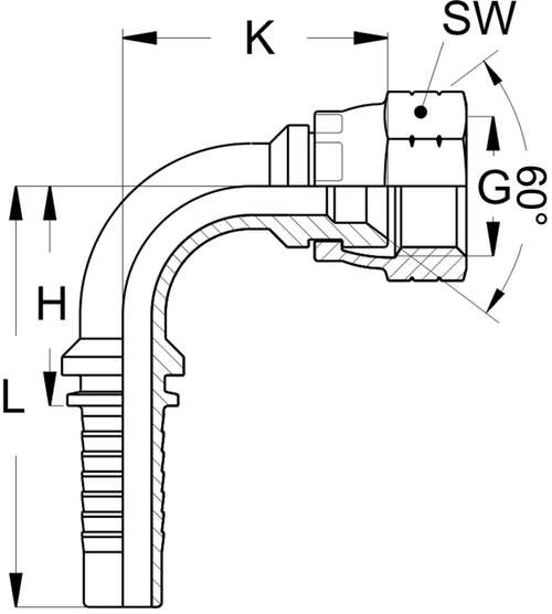 X SERIES: Hose -06 X Komatsu F 16mm; 90° Elbow