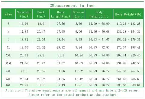 Men's Clothing Size Chart Testing Only