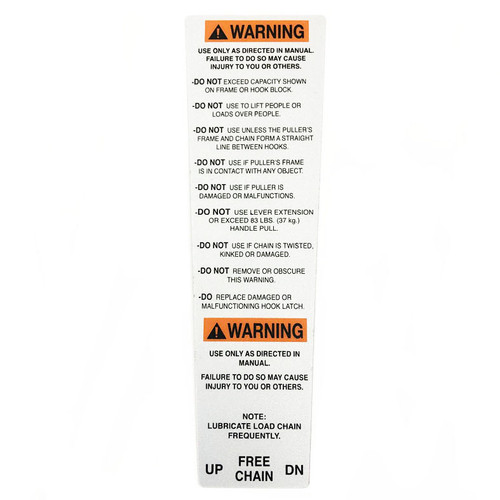 CM Hoist 1-1/2 ton 640 Warning Label