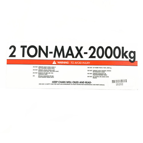 2 ton 35202 CM Hoist Capacity Label