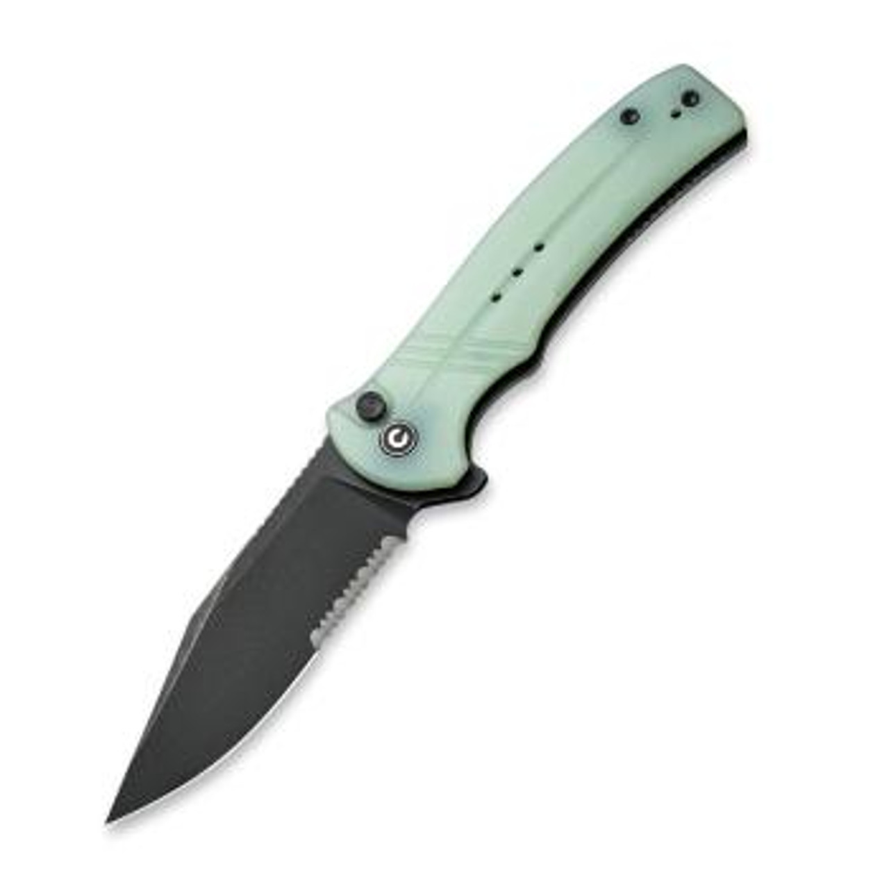 CIVIVI Cogent Serrated Button Lock Knife Natural Jade G-10 (3.47" Black Stonewashed 14C28N) C20038E-3