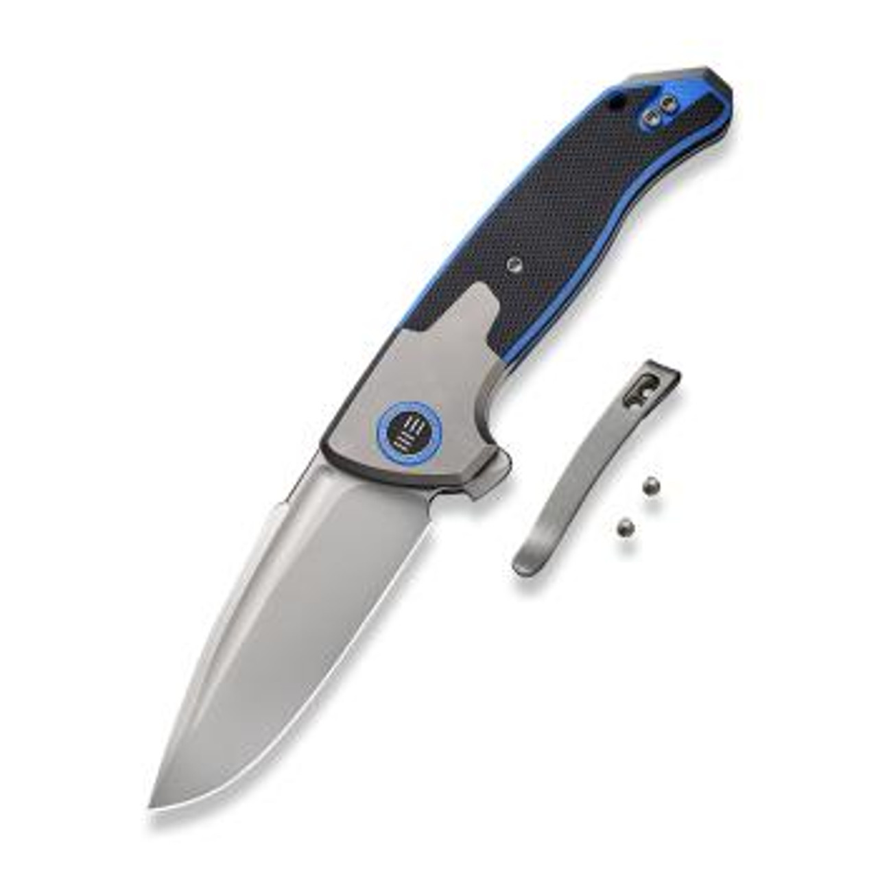 WE Press Check Knife Gray Titanium + Black/Blue G-10 (3.15" Bead Blasted 20CV) WE20078B-2