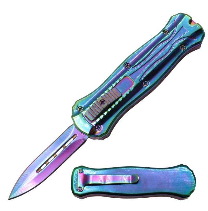 OTF (FULL RAINBOW) Double Edge Pocket Knife CA Legal Pure Blades