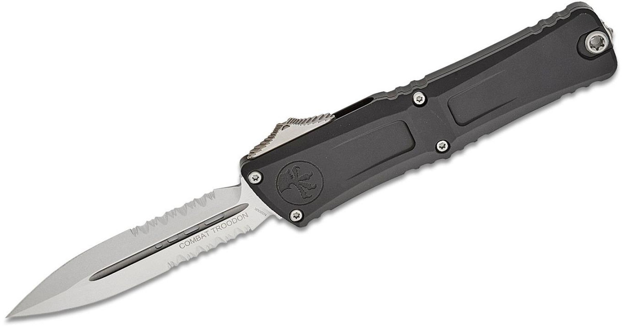 Microtech Combat Troodon Black OTF Knife (4.125" Stonewash Double Edge Dagger Combo Edge M390) 1142-11