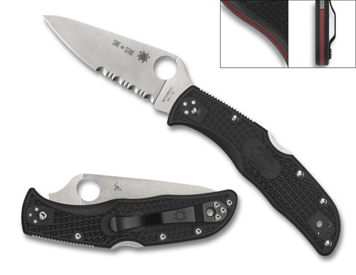 Endela Thin Red Line Black FRN Pocket Knife Serrated (3.40" Satin VG-10) Spyderco C243FPSBKRD