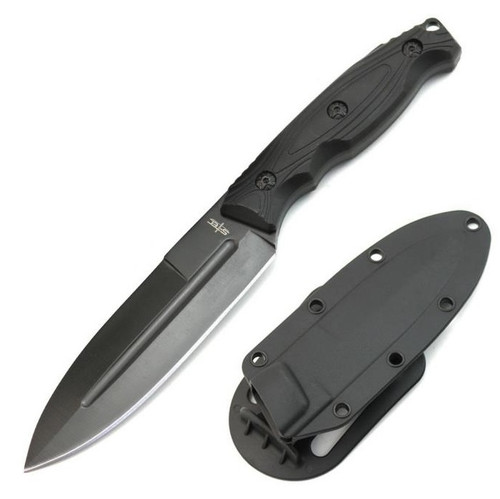 Stec 9" Black Fixed Blade Full Tang Knife with ABS Swivel Sheath