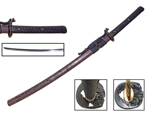Brown Handmade Skull Guard Samurai Sword [65Mn Spring Steel] Sharp