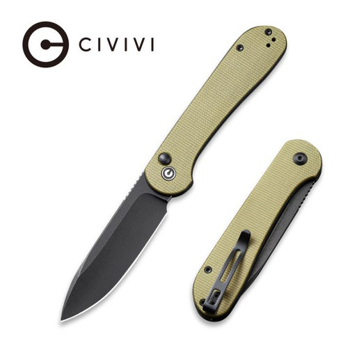 CIVIVI Button Lock Elementum Olive Micarta Handle (3.47" Black Stonewashed 14C28N) C2103B