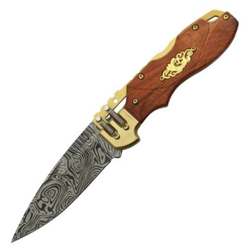 Steampunk Spine Lock (Damascus Finish Blade) Folding Knife with Giftbox 8"