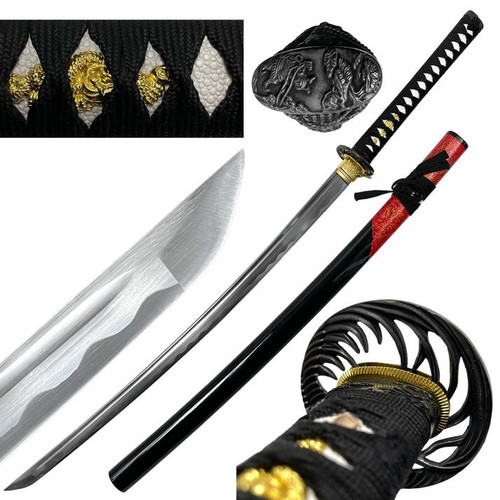 Red Crackle / Black Scabbard Handmade Samurai Sword (Carbon)