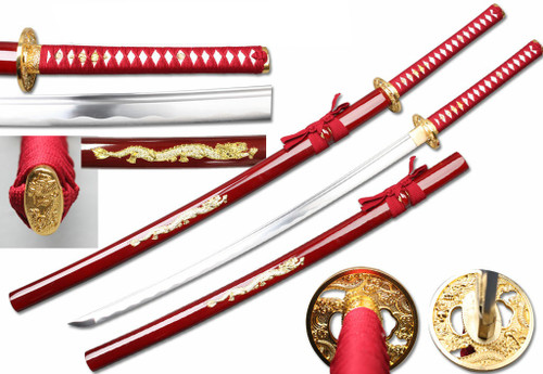 Gold Dragon Scabbard (RED) Handmade Samurai Sword (1045 Carbon)